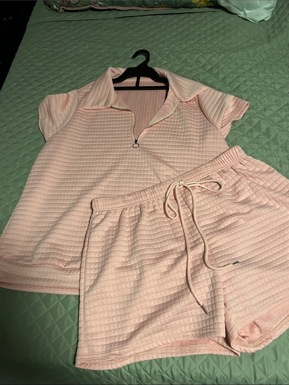 Cozy Short-Sleeve Waffle Knit Lounge Set - Light Pink